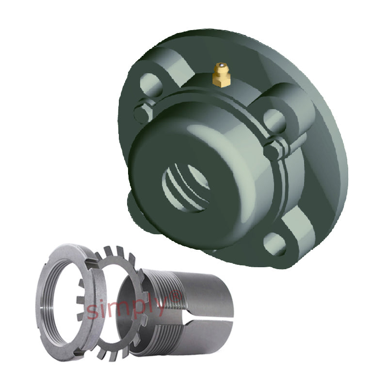 NTN CM-UKFC206ED1/HE2306X Imperial Four Bolt Cast Iron Round Flanged Housing with Cast Iron Cover - Closed Version - Insert and Adaptor Sleeve Fits 1 inch Shaft - Allow 2-3 Days