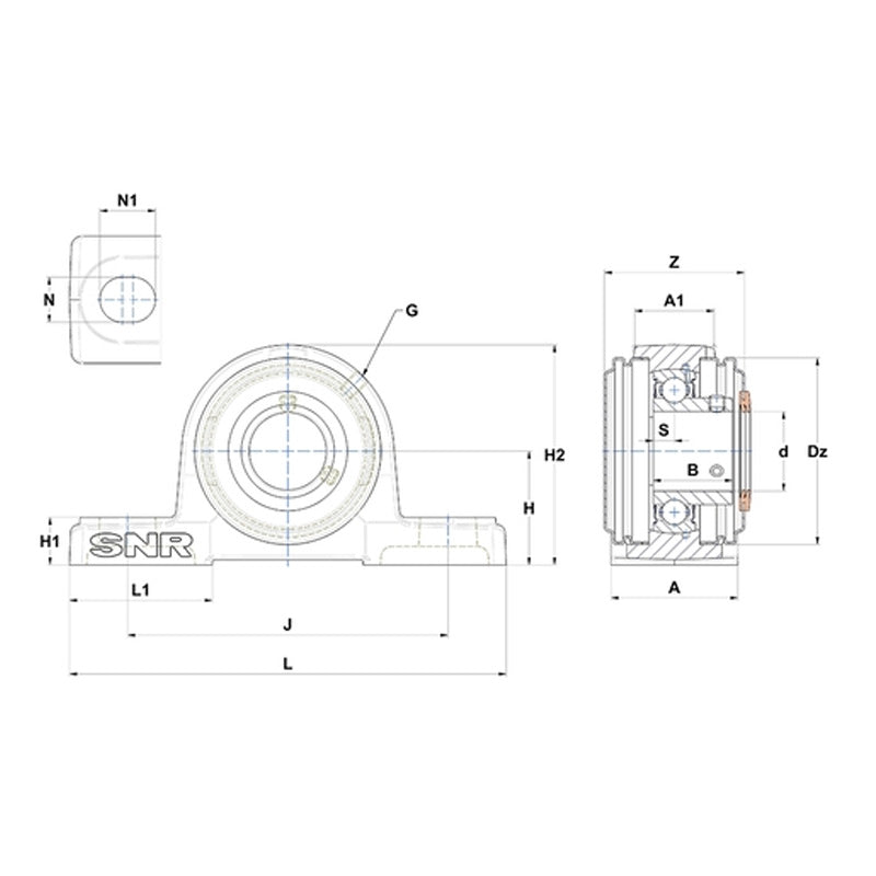SNR USP209CC Metric Cast Iron Two Bolt Pillow / Plummer Block Housing with 45mm Bore Insert with Narrow Steel Plate Cover - Closed Version - Allow 2-3 Days