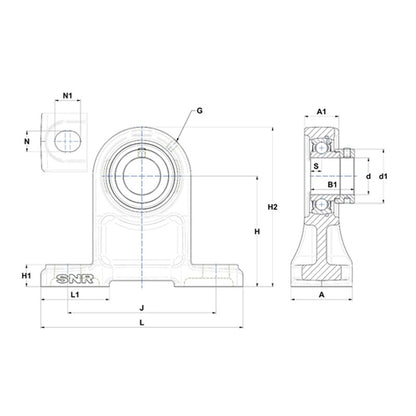 SNR ESPH204 Metric Cast Iron High Centre Height Two Bolt Pillow / Plummer Block Housing with 20mm Bore Eccentric Collar Insert - Allow 2-3 Days