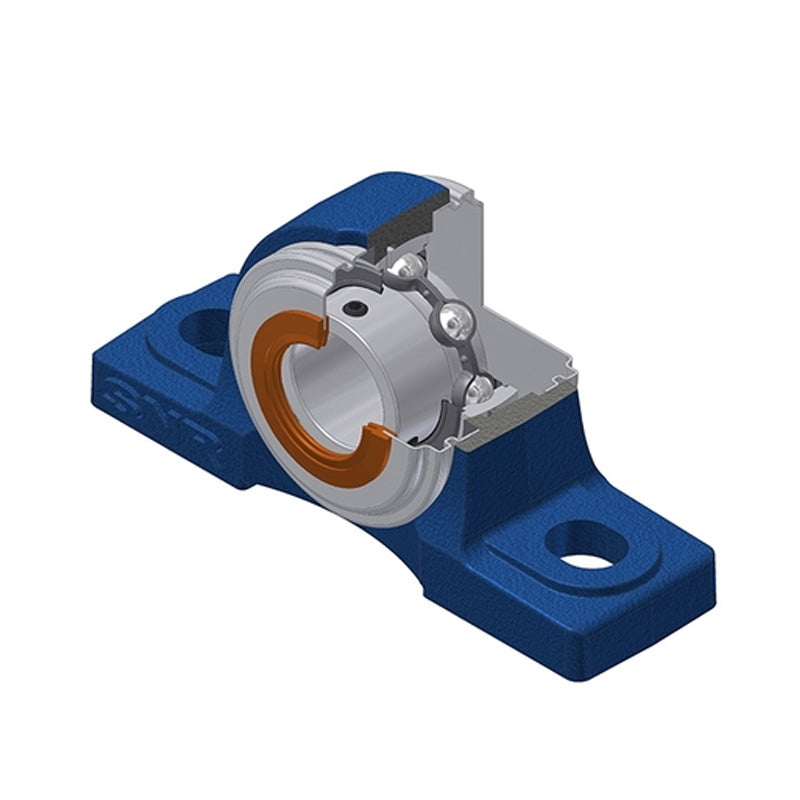 SNR USP201CO Metric Cast Iron Two Bolt Pillow / Plummer Block Housing with 12mm Bore Insert with Narrow Steel Plate Cover - Open Version - Allow 2-3 Days