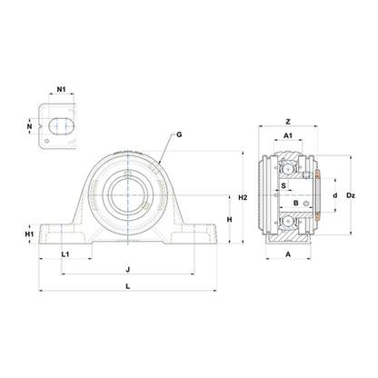 SNR USPE210CO Metric Cast Iron Two Bolt Pillow / Plummer Block Housing with 50mm Bore Insert with Narrow Steel Plate Cover - Open Version - Allow 2-3 Days