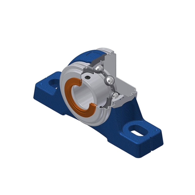 SNR USPE211CO Metric Cast Iron Two Bolt Pillow / Plummer Block Housing with 55mm Bore Insert with Narrow Steel Plate Cover - Open Version - Allow 2-3 Days